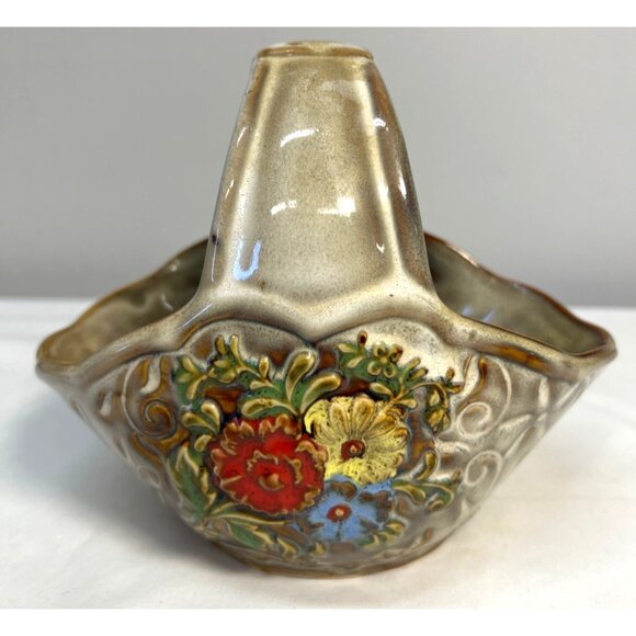 Ceramic Basket With Floral Design & Handle - Handcrafted Home Decor - Picture 1 of 5